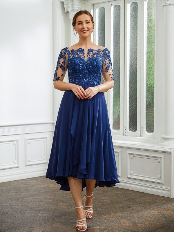Aimishang A-Line/Princess Chiffon Applique Bateau 1/2 Sleeves Tea-Length Mother of the Bride Dresses