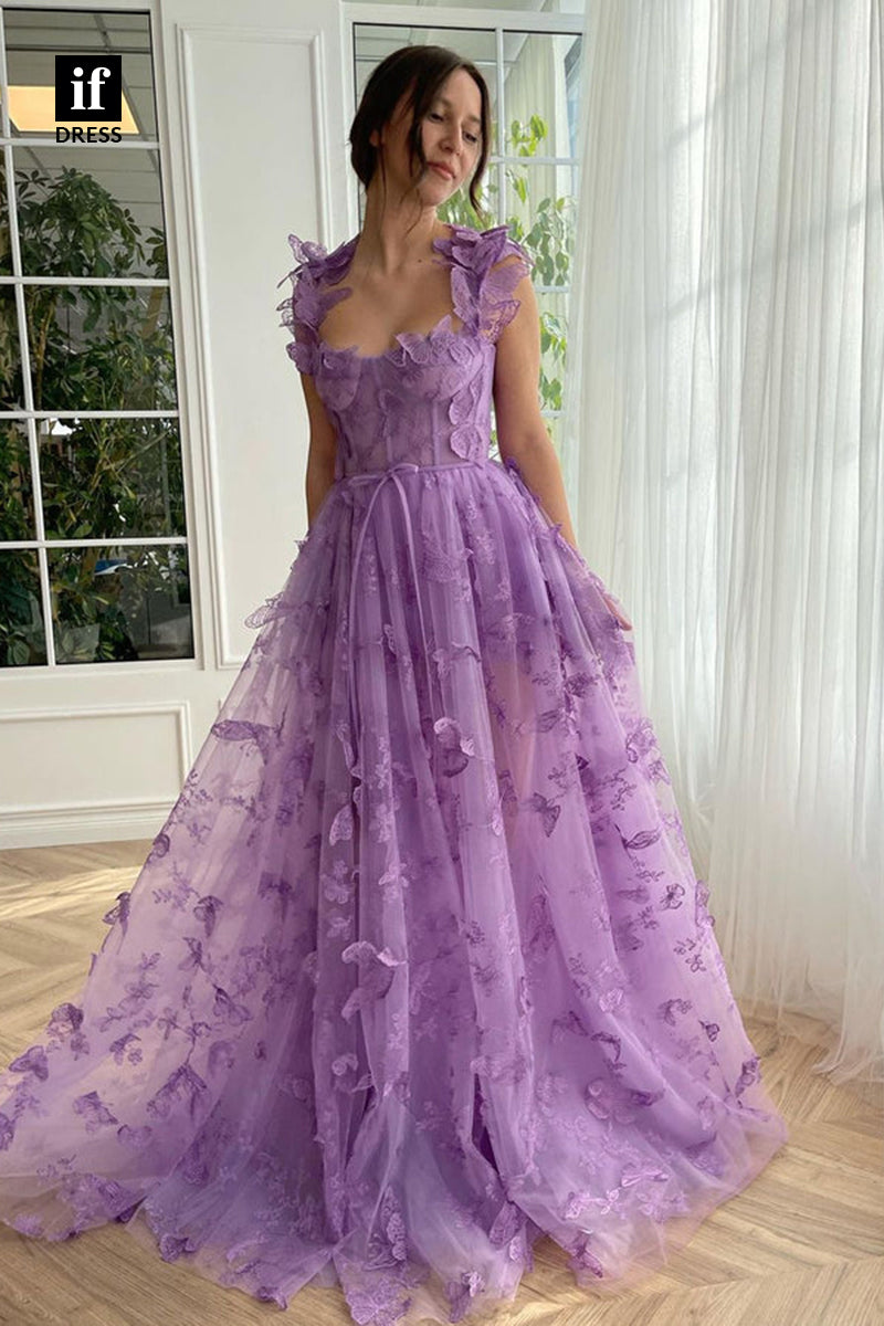 34140 - Classic A-Line Straps Appliques Sleeveless Prom Formal Party Dress with Slit