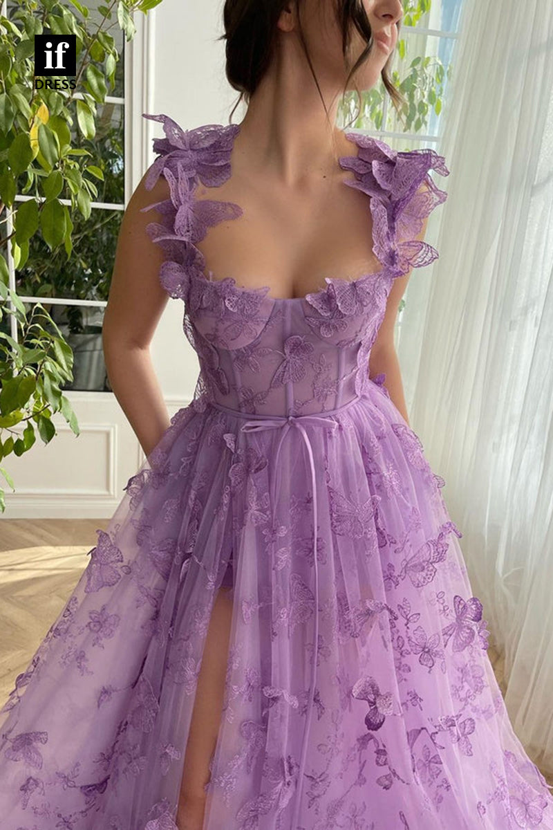 34140 - Classic A-Line Straps Appliques Sleeveless Prom Formal Party Dress with Slit