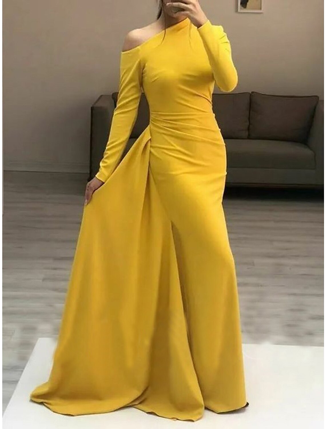 Sheath / Column Minimalist Elegant Wedding Guest Formal Evening Dress One Shoulder Long Sleeve Floor Length  Fabric with Sleek Ruched 2025