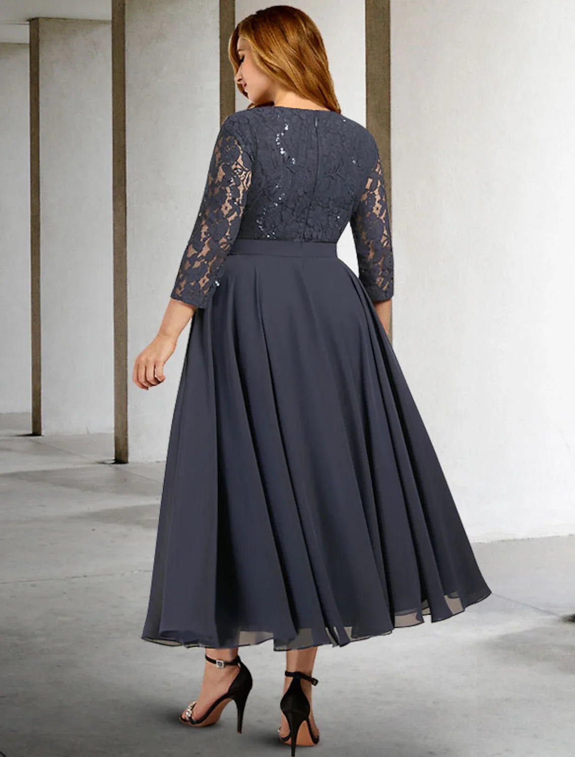 Aimishang  A-Line Mother of the Bride Dresses Plus Size Hide Belly Curve Elegant Dress Formal Tea Length 3/4 Length Sleeve Jewel Neck Chiffon with Pleats