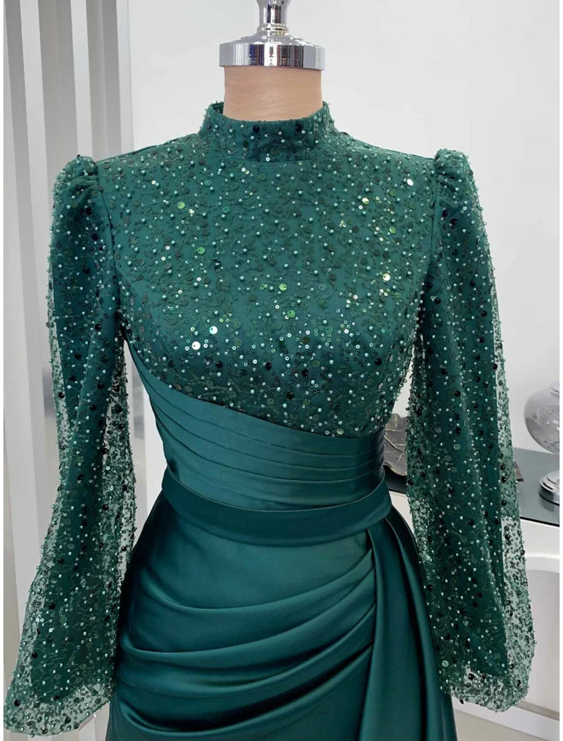 Aimishang A-Line Evening Gown Champagne Christmas Elegant Dress Formal Sweep / Brush Train Long Sleeve High Neck Satin with Glitter Pleats Ruched