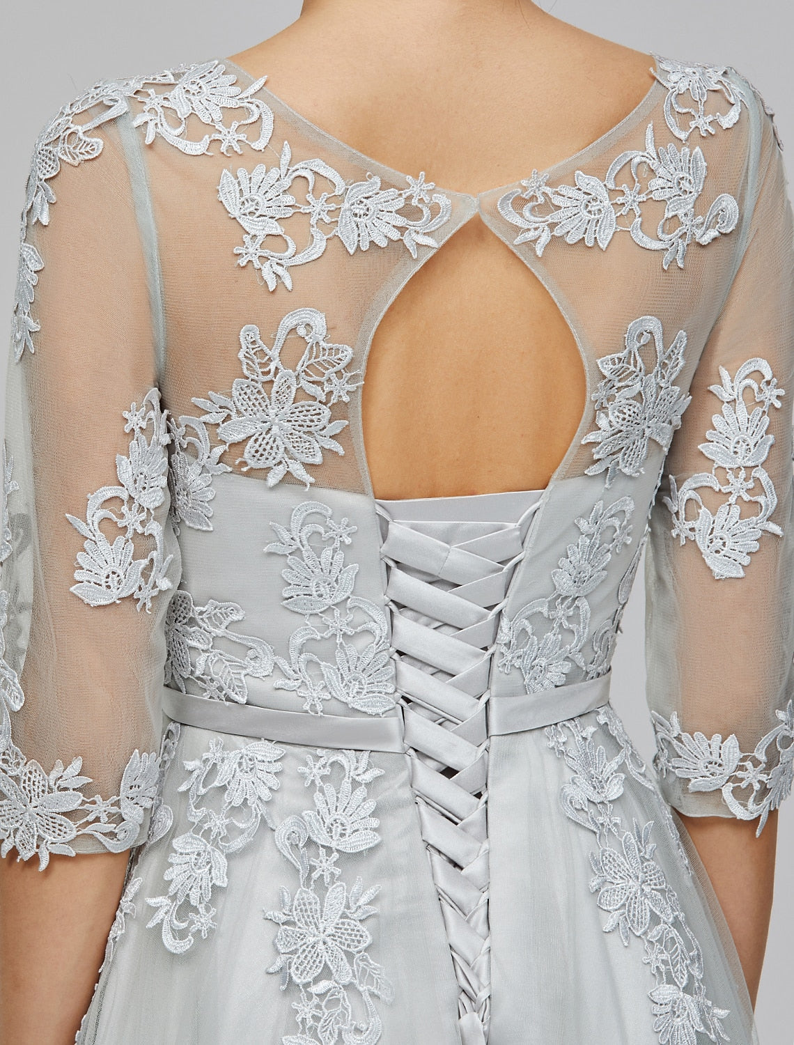 Wholesale A-Line Empire Dress Wedding Guest Prom Dress Floor Length Half Sleeve Illusion Neck Tulle with Bow(s) Appliques