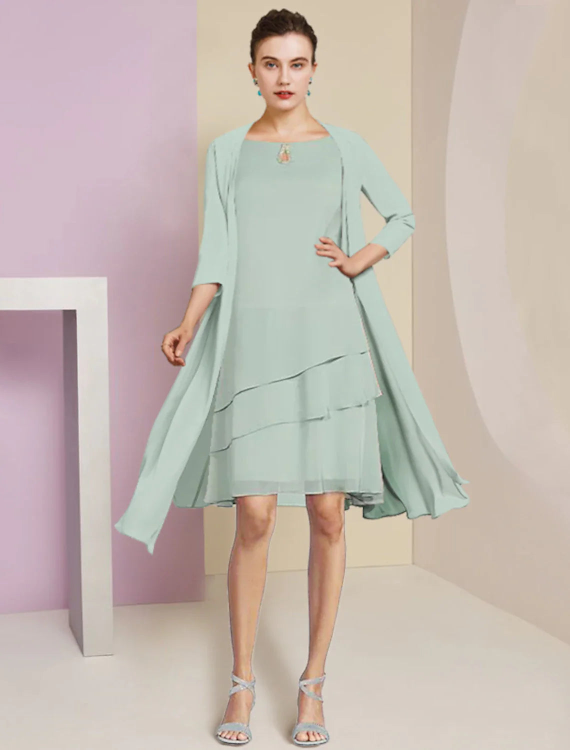 Aimishang  Two Piece A-Line Mother of the Bride Dress Formal Wedding Guest Elegant Scoop Neck Knee Length Chiffon 3/4 Length Sleeve with Tier