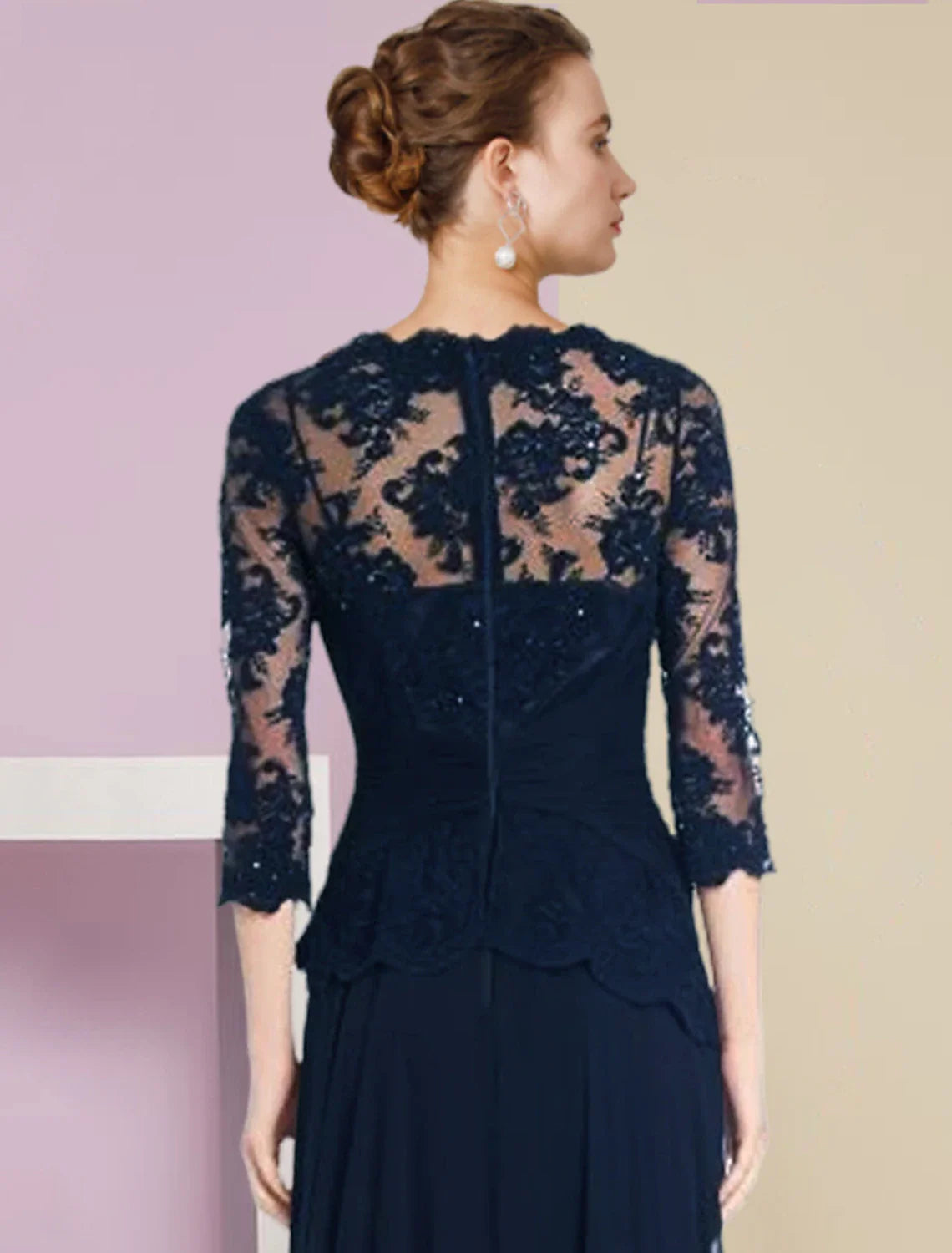 Aimishang A-Line Mother of the Bride Dress Formal Wedding Guest Elegant Scoop Neck Floor Length Chiffon Lace Half Sleeve with Pleats Appliques Crystal Brooch