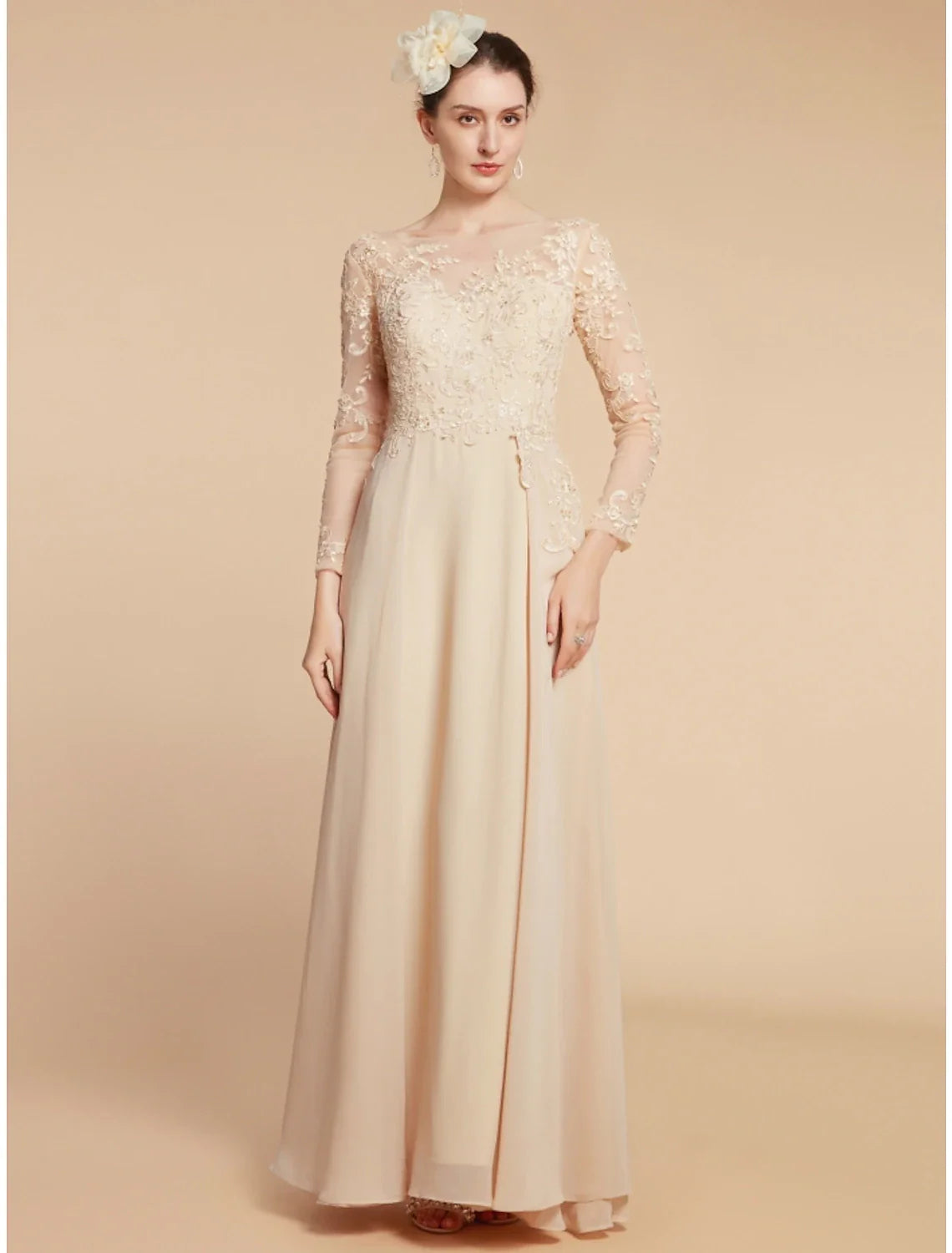 Aimishang  A-Line Mother of the Bride Dress Wedding Guest Elegant Jewel Neck Ankle Length Chiffon Lace Long Sleeve with Ruching Solid Color