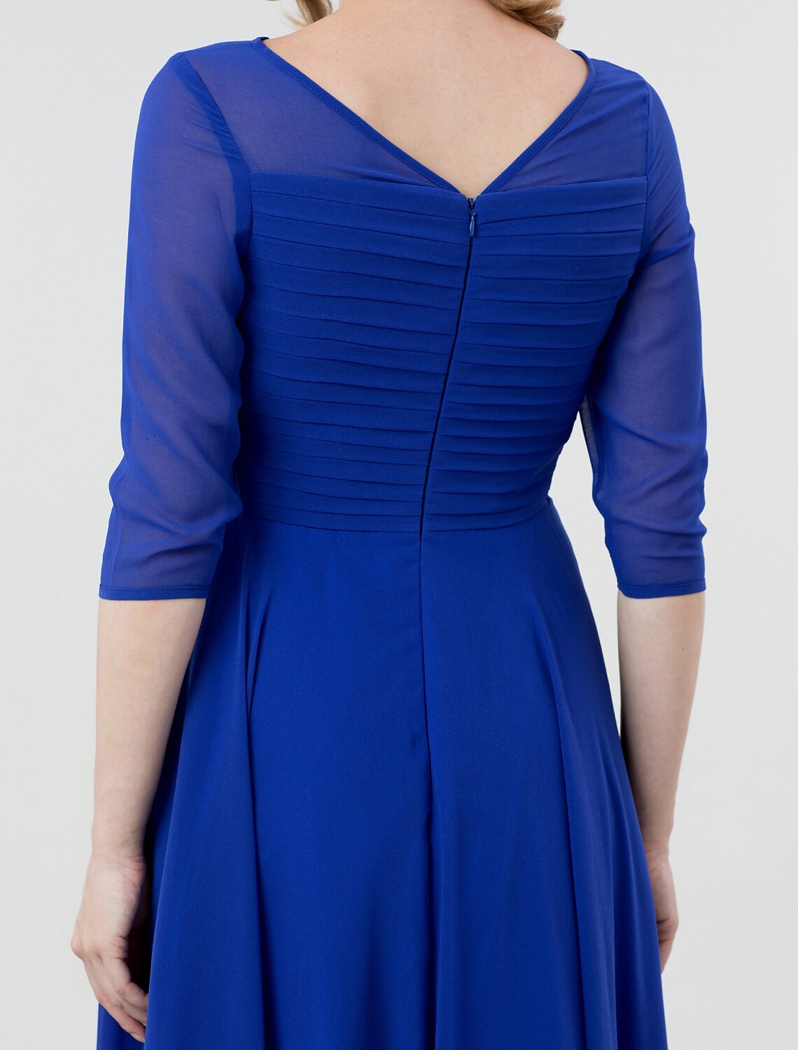 A-Line Elegant Formal Evening Wedding Party Dress Boat Neck 3/4 Length Sleeve Tea Length Georgette with Ruched Crystal Brooch 2024 / Illusion Sleeve