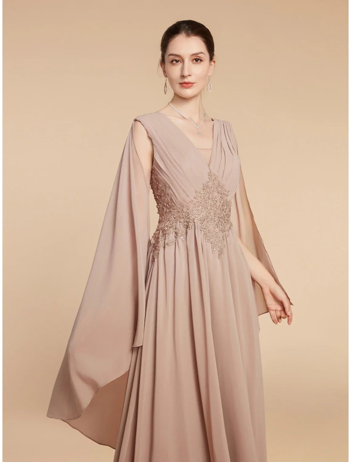 Aimishang  A-Line Mother of the Bride Dress Wedding Guest Elegant V Neck Ankle Length Chiffon Lace Sleeveless with Ruching Solid Color