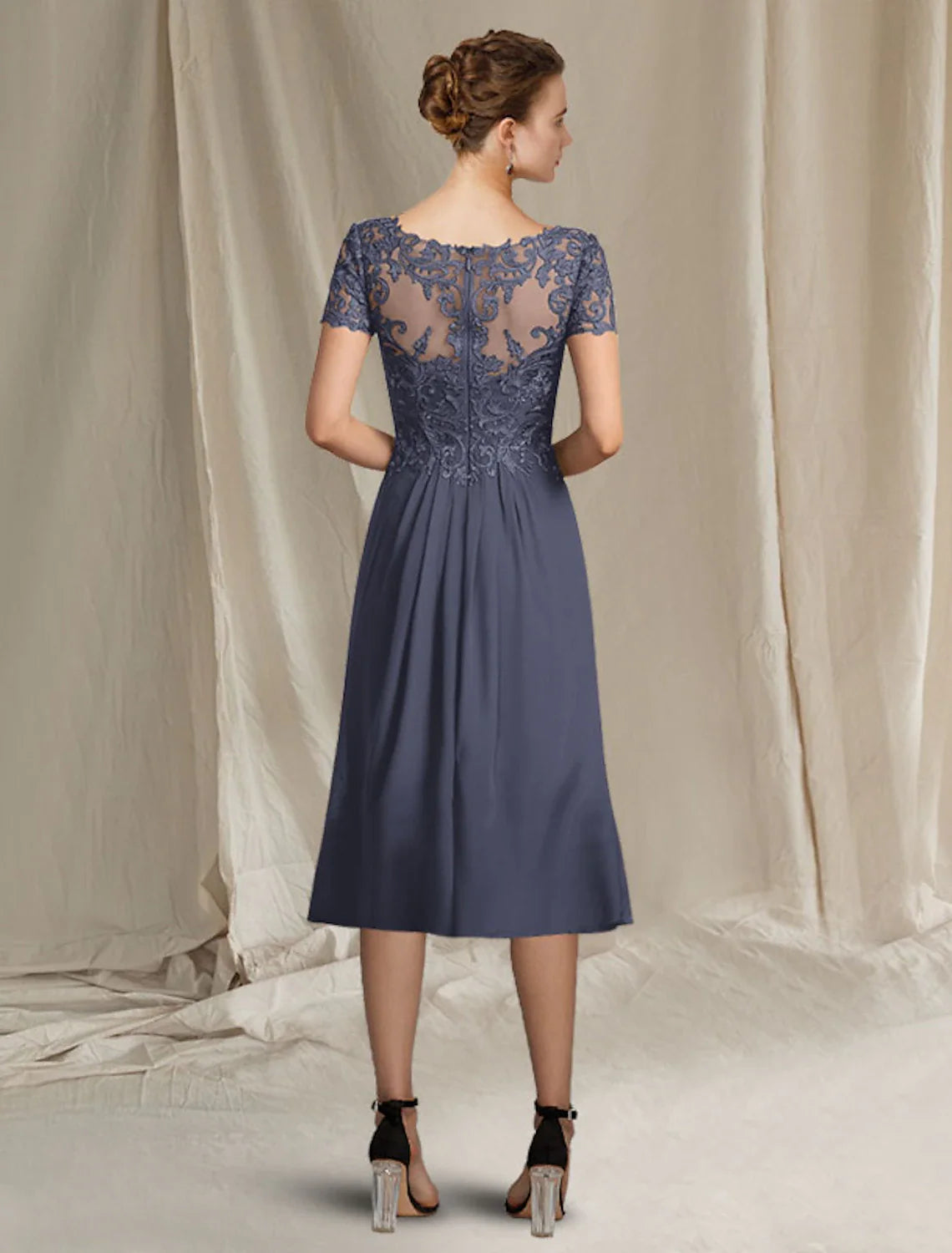 Aimishang A-Line Mother of the Bride Dress Plus Size Elegant V Neck Tea Length Chiffon Lace Short Sleeve with Pleats Appliques