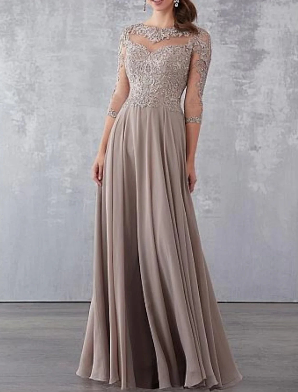 A-Line Mother of the Bride Dress Wedding Guest Elegant See Through Jewel Neck Floor Length Chiffon Lace 3/4 Length Sleeve with Draping Appliques