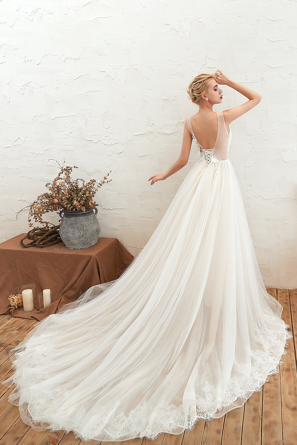 Tulle Deep V-Neck Wedding Dress With Fabulous Straps