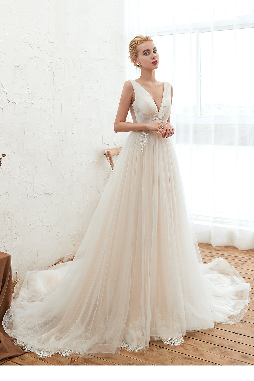 Tulle Deep V-Neck Wedding Dress With Fabulous Straps