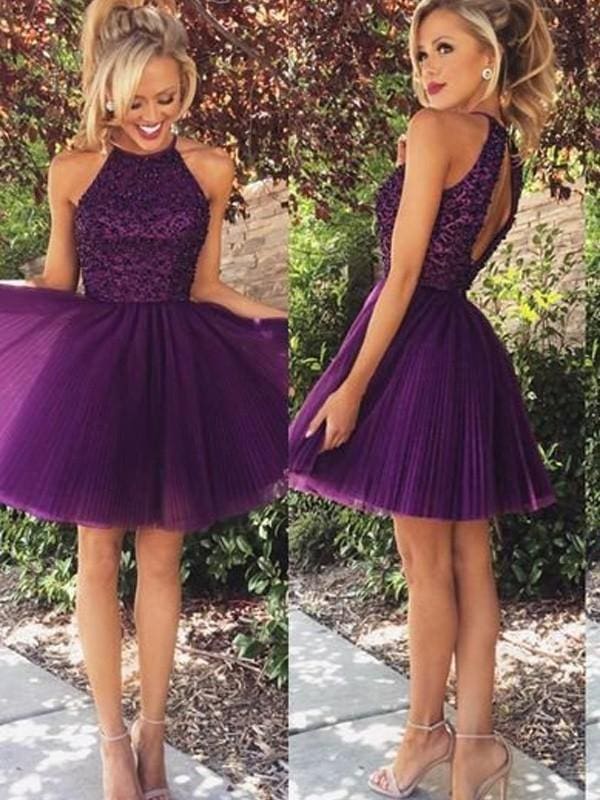 Tulle Halter Sleeveless A-line Short/Mini With Beading Prom Dresses