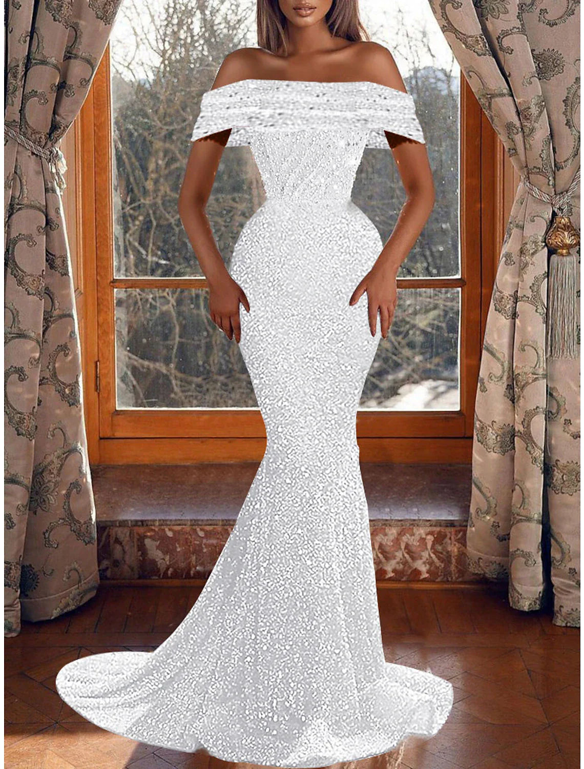 Aimishang Mermaid Party Dress Evening Gown Sparkle & Shine Dress Prom Birthday Asymmetrical Short Sleeve Off Shoulder Sequined with Sequin