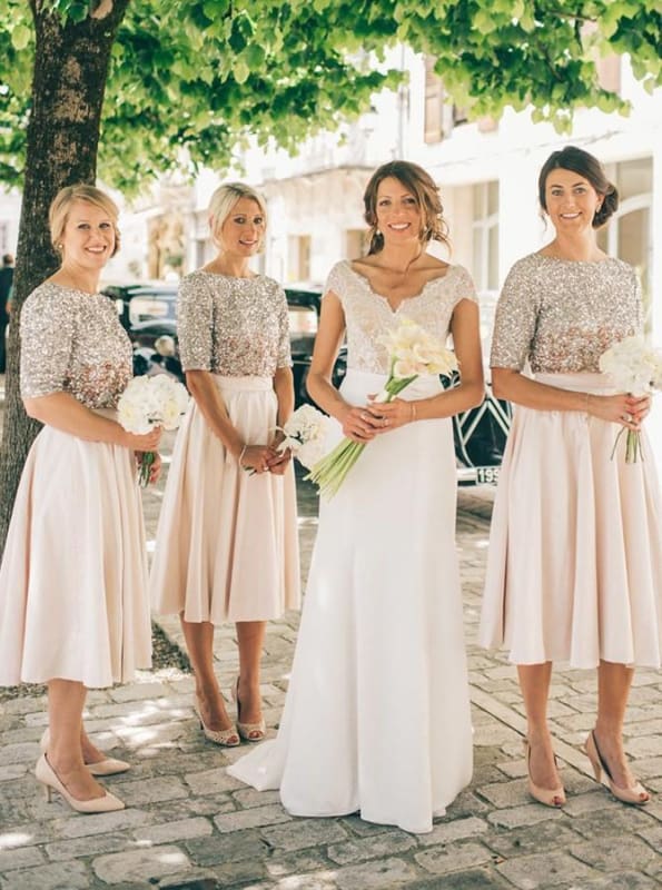 Two Piece Bateau Pearl Pink Satin Bridesmaid Dress