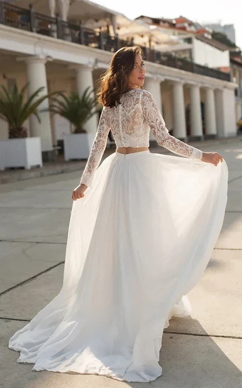 Aimishang Elegant Two Piece V-neck Wedding Dress with Sweep Train Lace Long Sleeves