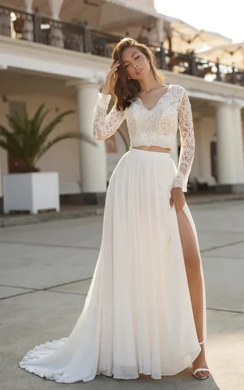 Aimishang Elegant Two Piece V-neck Wedding Dress with Sweep Train Lace Long Sleeves