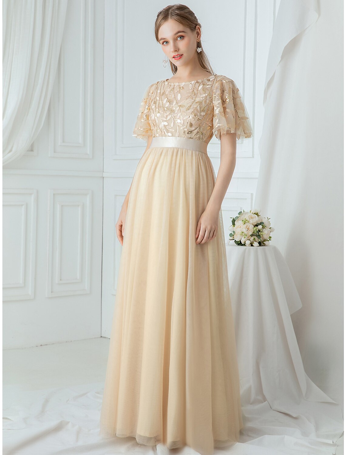 A-Line Prom Dresses Empire Dress Wedding Guest Prom Floor Length Short Sleeve Jewel Neck Bridesmaid Dress Tulle with Sequin Appliques
