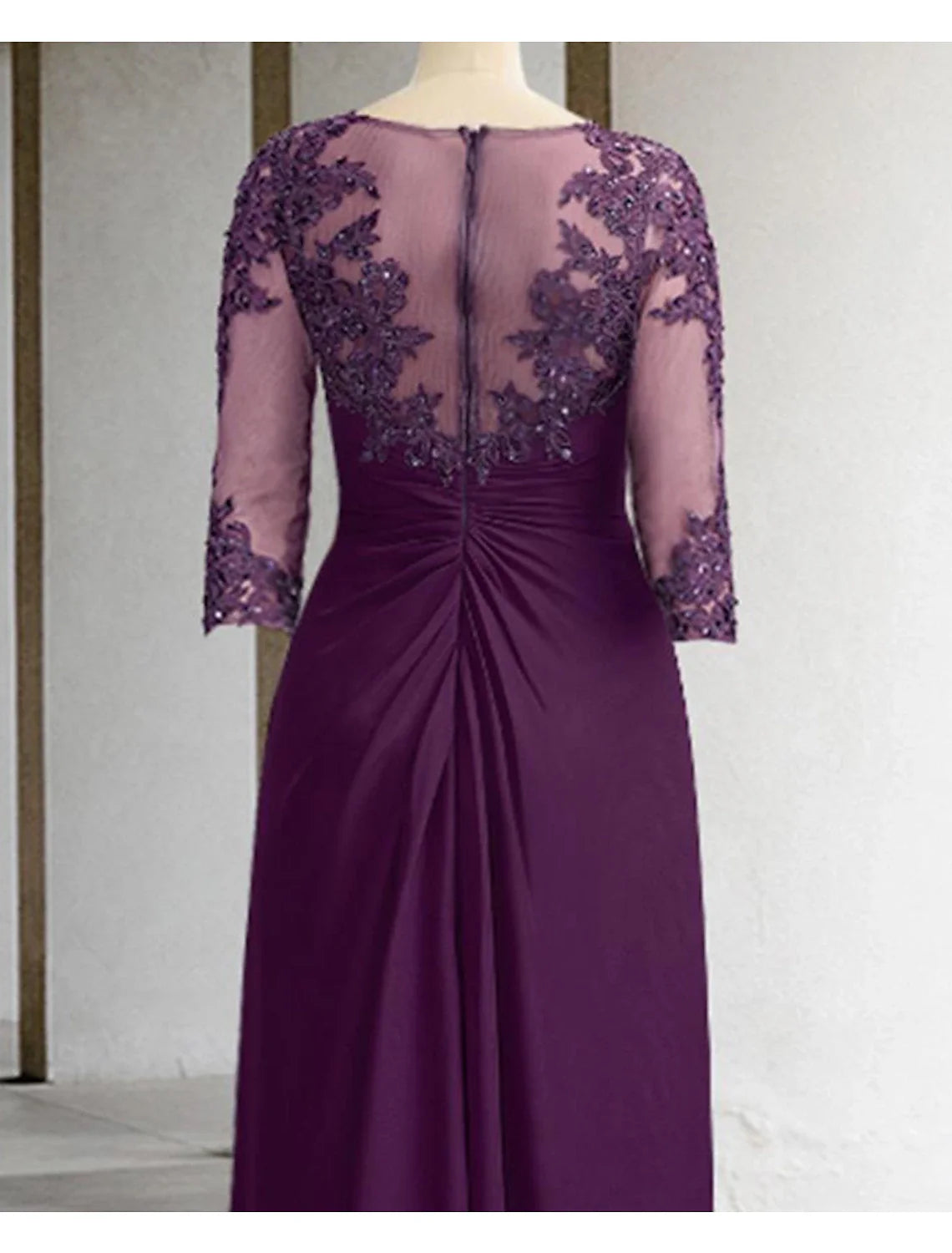 Sheath / Column Mother of the Bride Dress Formal Wedding Guest Elegant Sparkle & Shine Jewel Neck Asymmetrical Floor Length Chiffon Lace 3/4 Length Sleeve with Sequin Appliques