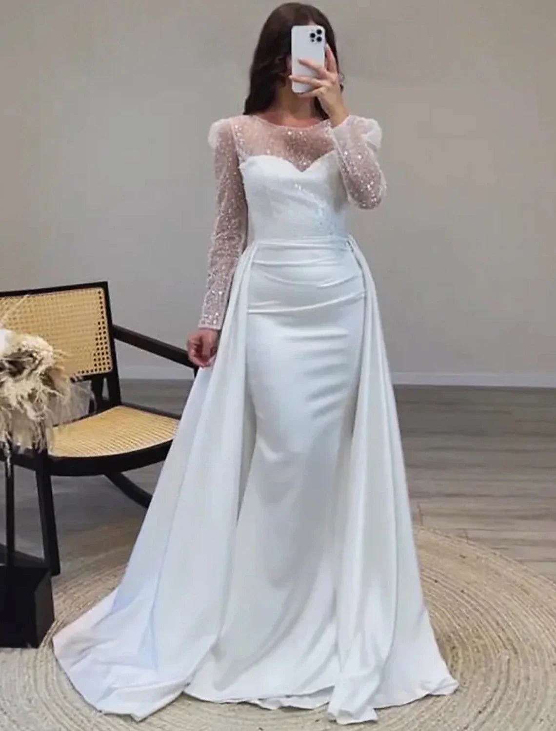 Aimishang Mermaid Sequin Evening Gown Ruched Satin Dress Long Sleeves Floor Length Sparkle Illusion Neck Fall Wedding Guest Dress with Pearls Overskirt