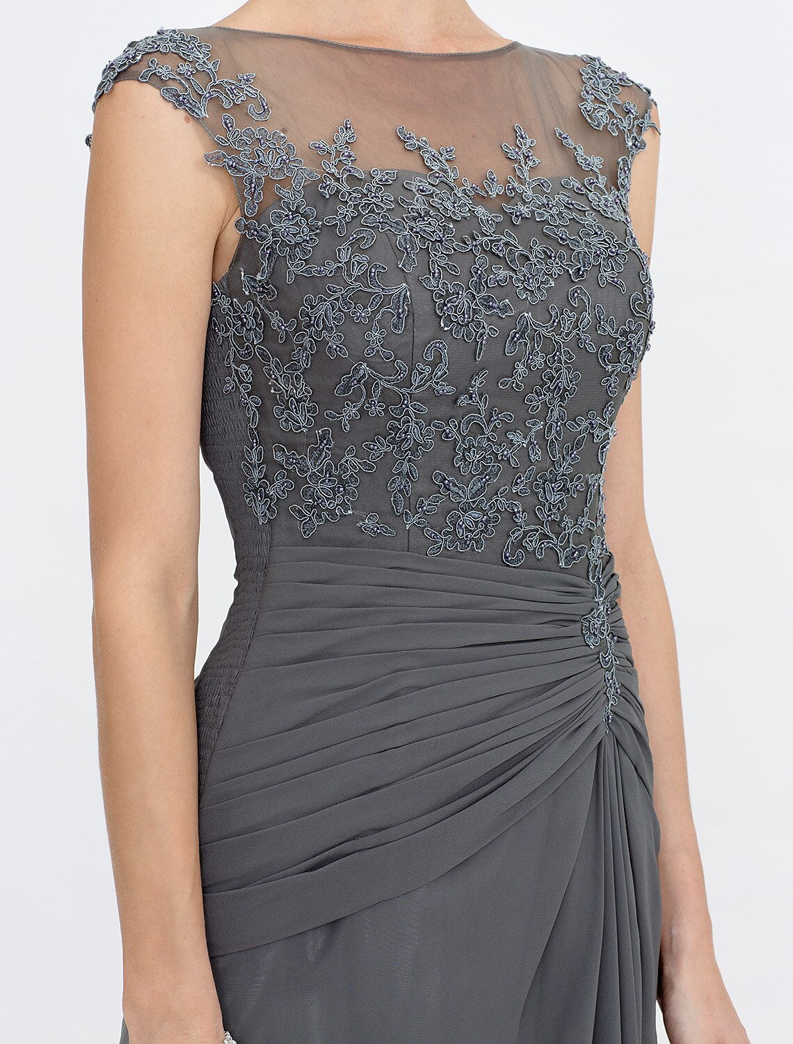 Aimishang A-Line Mother of the Bride Dress Wedding Guest Elegant See Through Bateau Neck Floor Length Chiffon Lace Sleeveless with Side Draping Fall