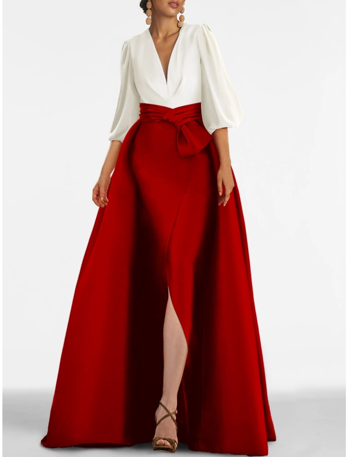 A-Line Evening Gown Elegant Dress Formal Sweep / Brush Train Half Sleeve V Neck Satin with Bow(s) Pleats Slit 2025