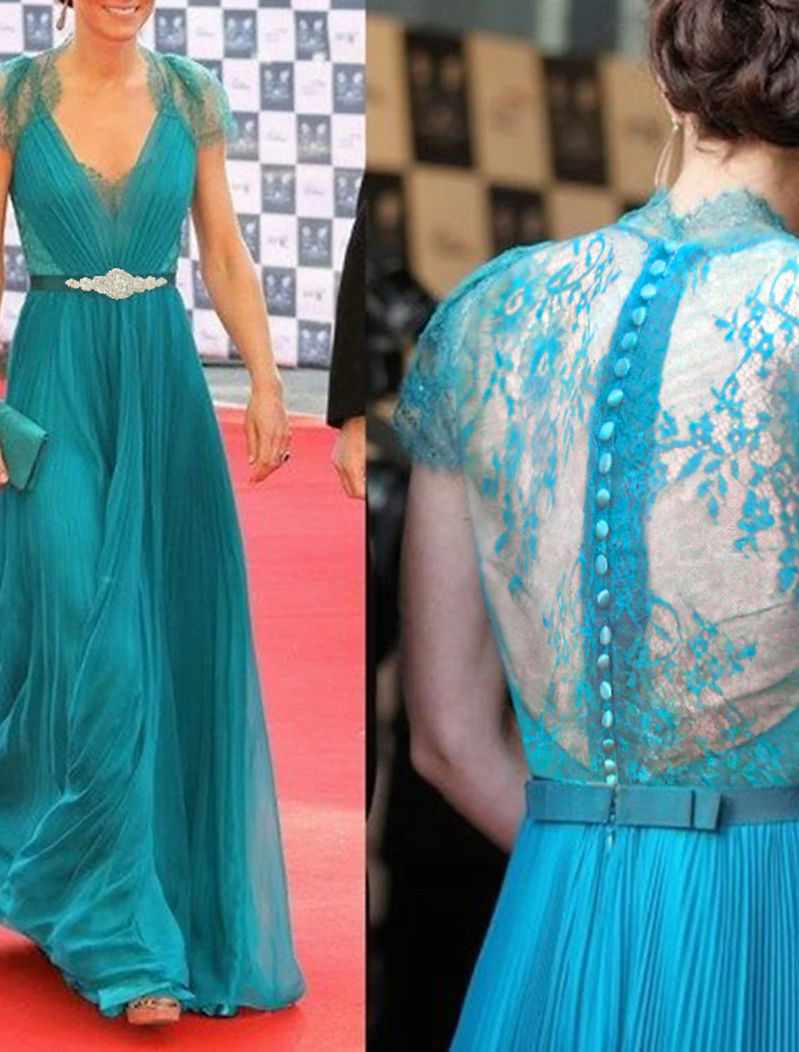 A-Line Evening Gown Elegant Dress Formal Wedding Guest Floor Length Short Sleeve V Neck Chiffon with Pleats