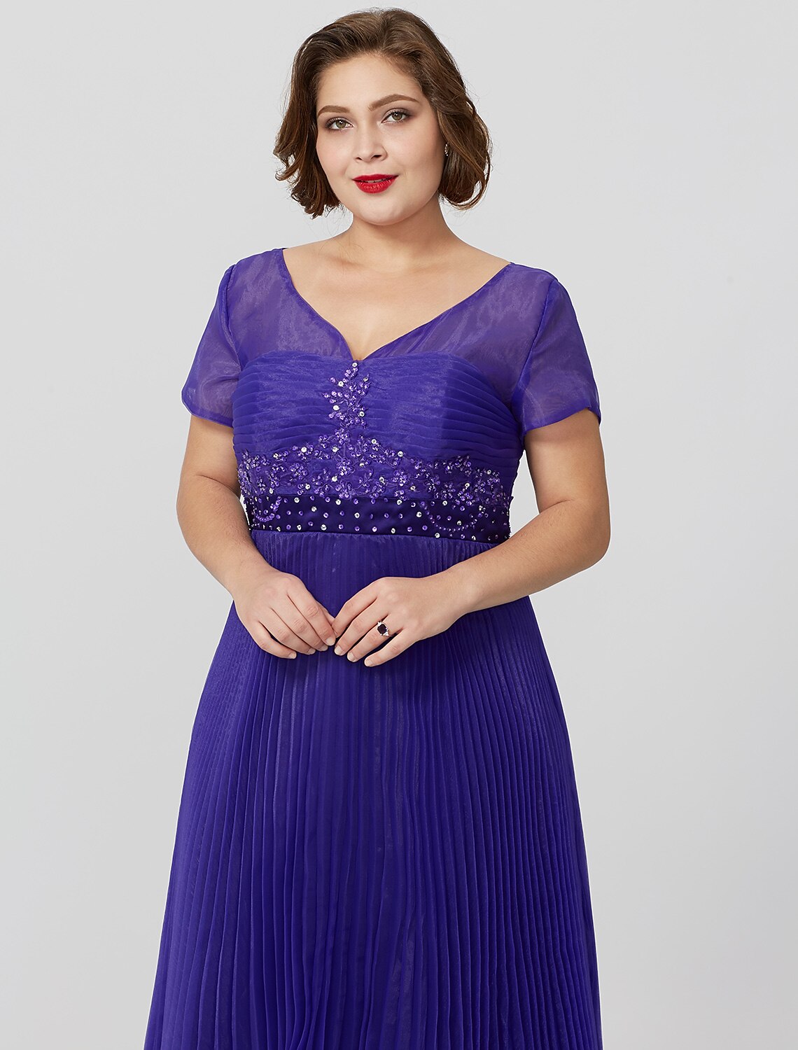 Aimishang Princess Mother of the Bride Dress Elegant & Luxurious Glamorous & Dramatic Plus Size V Neck Floor Length Organza Short Sleeve No with Pleats Beading Appliques