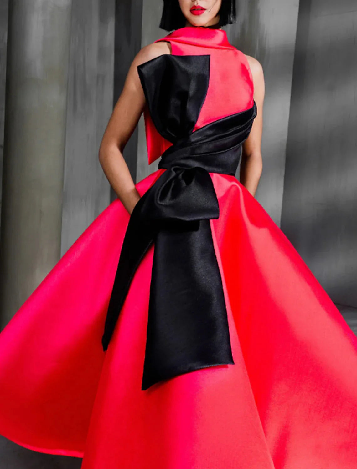 Ball Gown Color Block Celebrity Style Elegant Prom Formal Evening Birthday Dress Christmas Red Green Dress High Neck Sleeveless Ankle Length Satin with Bow(s) 2025
