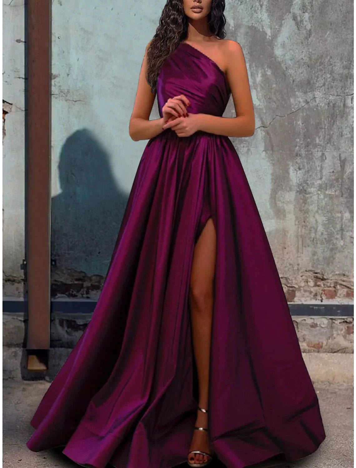 Aimishang A-Line Evening Gown Elegant Dress Wedding Guest Engagement Floor Length Sleeveless One Shoulder Satin with Pleats Slit