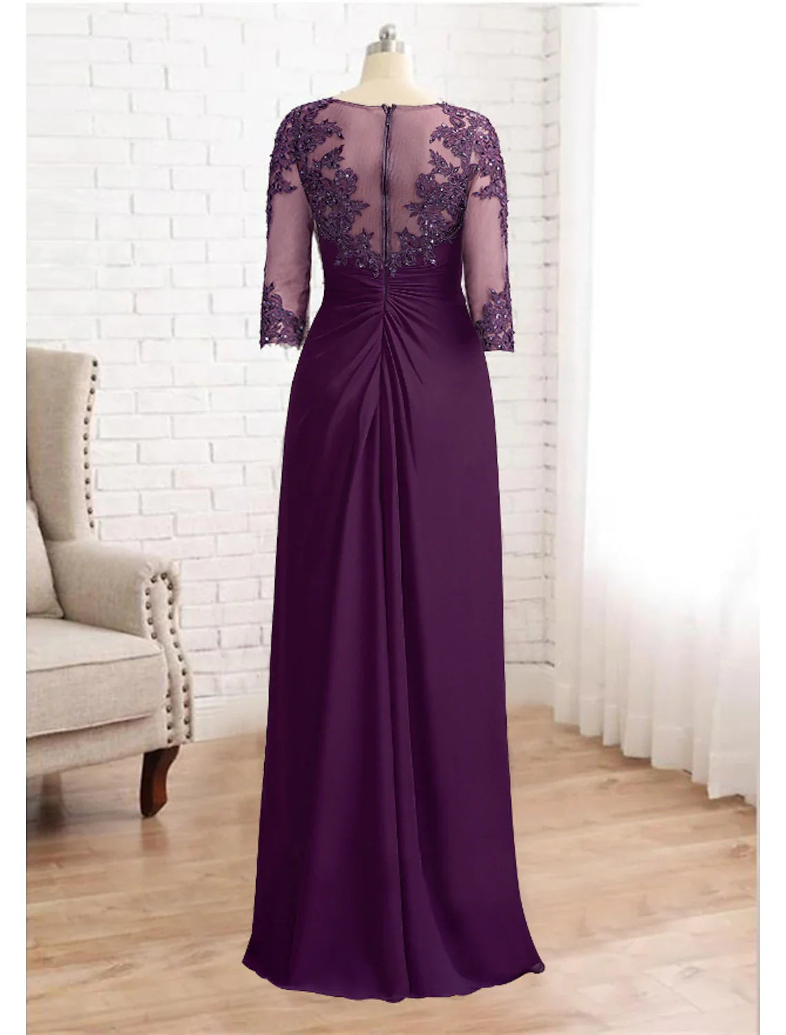 Sheath / Column Mother of the Bride Dress Formal Wedding Guest Elegant Sparkle & Shine Jewel Neck Asymmetrical Floor Length Chiffon Lace 3/4 Length Sleeve with Sequin Appliques