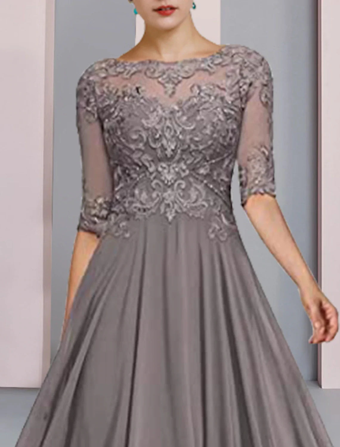Aimishang  A-Line Mother of the Bride Dress Formal Wedding Guest Elegant Scoop Neck Floor Length Chiffon Lace Half Sleeve Wrap Included with Pleats Beading Appliques