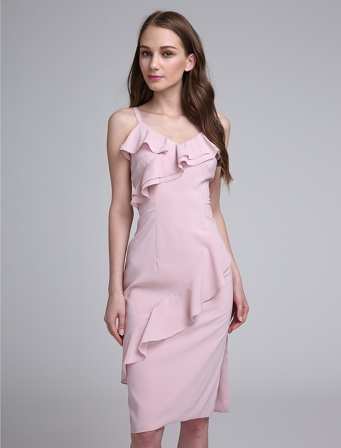 Sheath / Column Bridesmaid Dress Spaghetti Strap Sleeveless Elegant Knee Length Chiffon with Ruffles