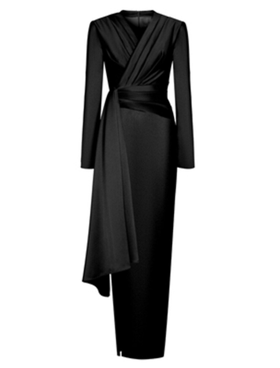 Wholesale A-Line Evening Black Dress Christmas Elegant Dress Formal Ankle Length Long Sleeve V Neck Satin with Ruched Slit