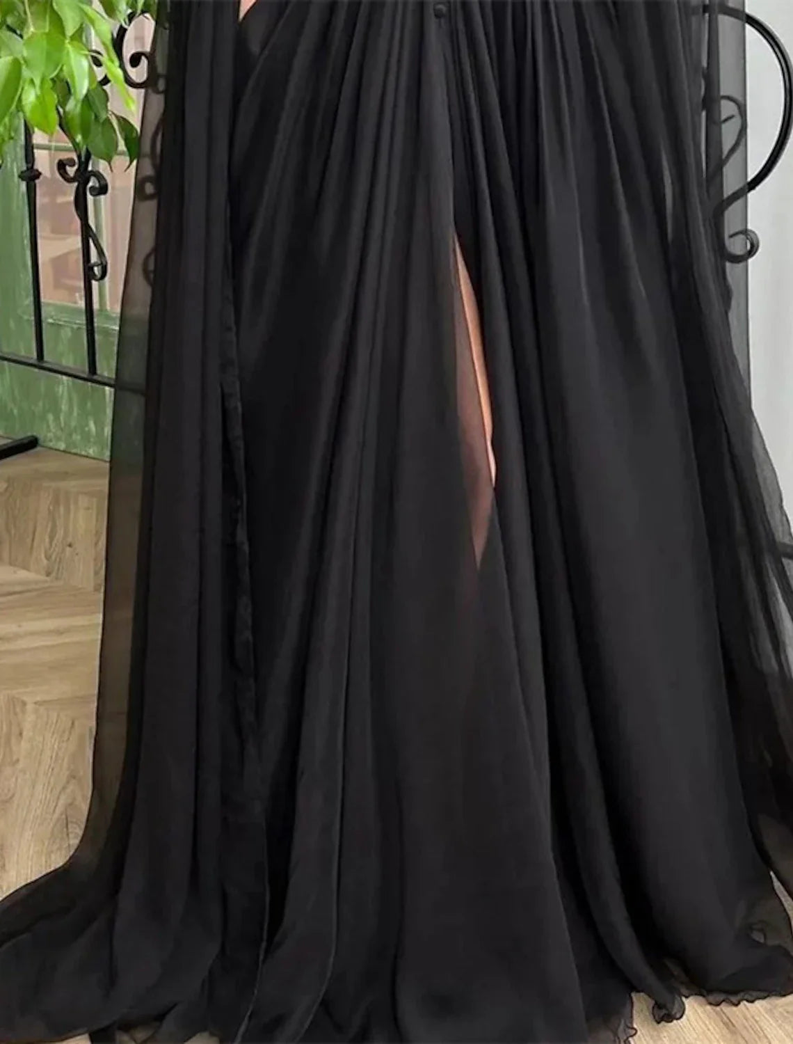 A-Line Evening Gown Black Dress Plus Size Formal Masquerade Court Train Long Sleeve V Neck Wednesday Addams Family Chiffon with Buttons Slit Appliques 2025