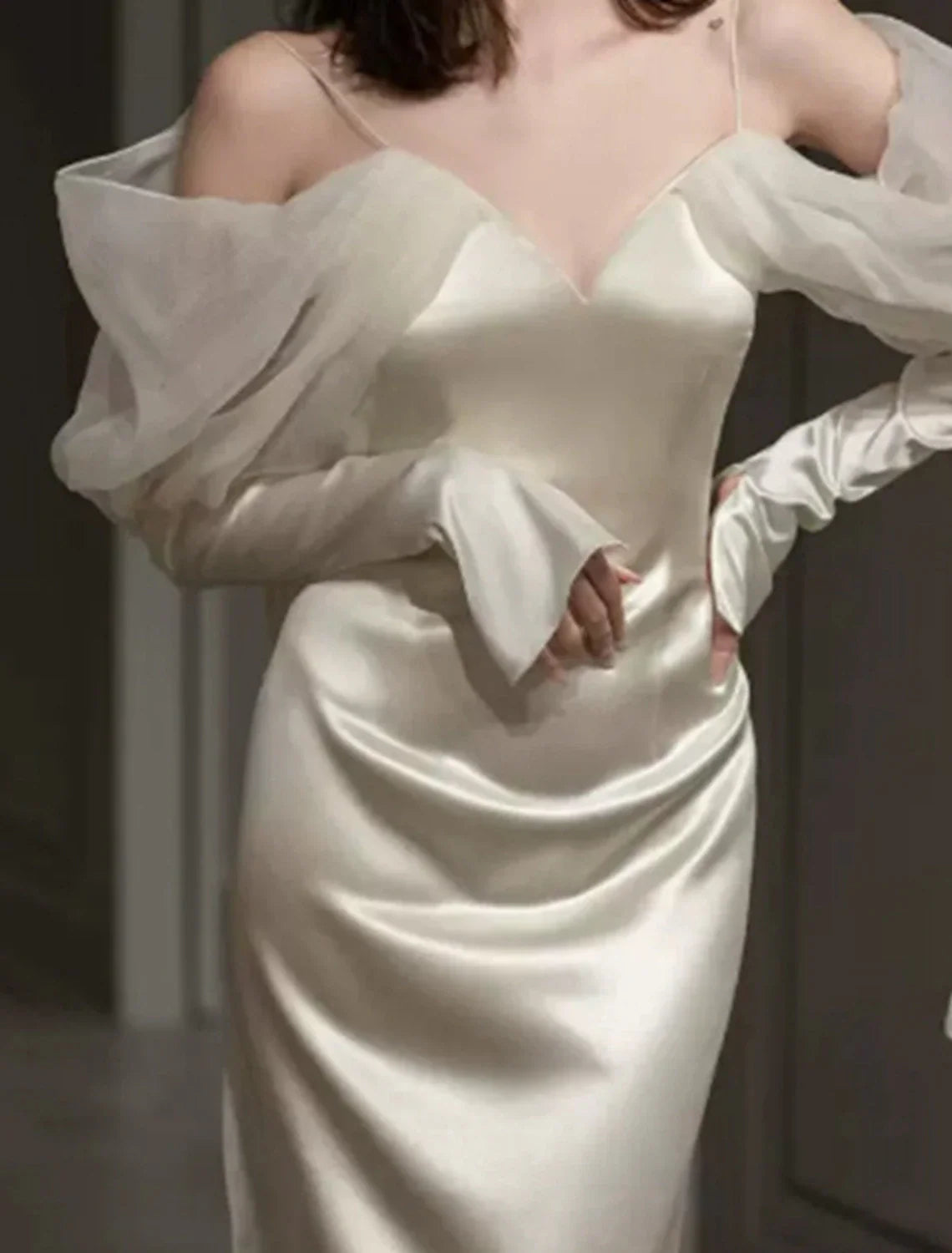 Mermaid / Trumpet Evening Gown Elegant Dress Formal Prom Floor Length Long Sleeve Sweetheart Italy Satin with Buttons Shawl