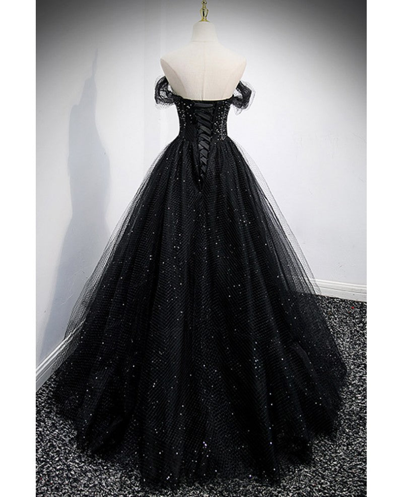 Unique sparkling black off shoulder shoulder strap sheer mesh ball dress with black A-shaped backless strap sheer and floor length evening dress