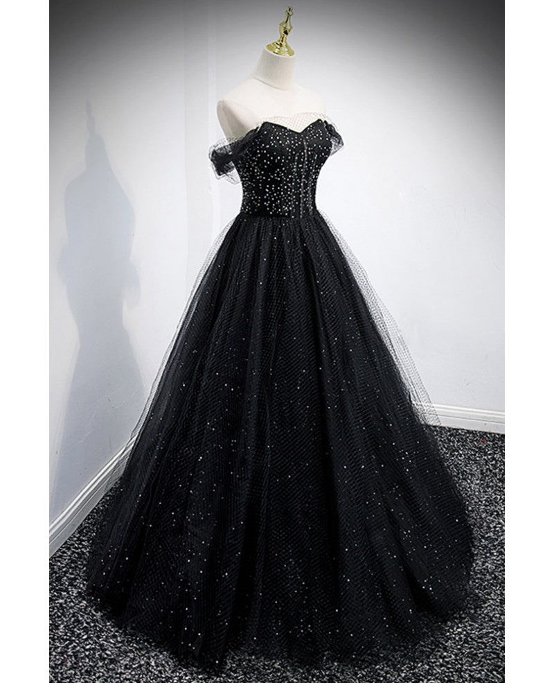 Unique sparkling black off shoulder shoulder strap sheer mesh ball dress with black A-shaped backless strap sheer and floor length evening dress