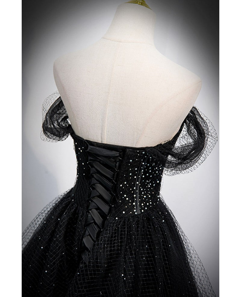 Unique sparkling black off shoulder shoulder strap sheer mesh ball dress with black A-shaped backless strap sheer and floor length evening dress