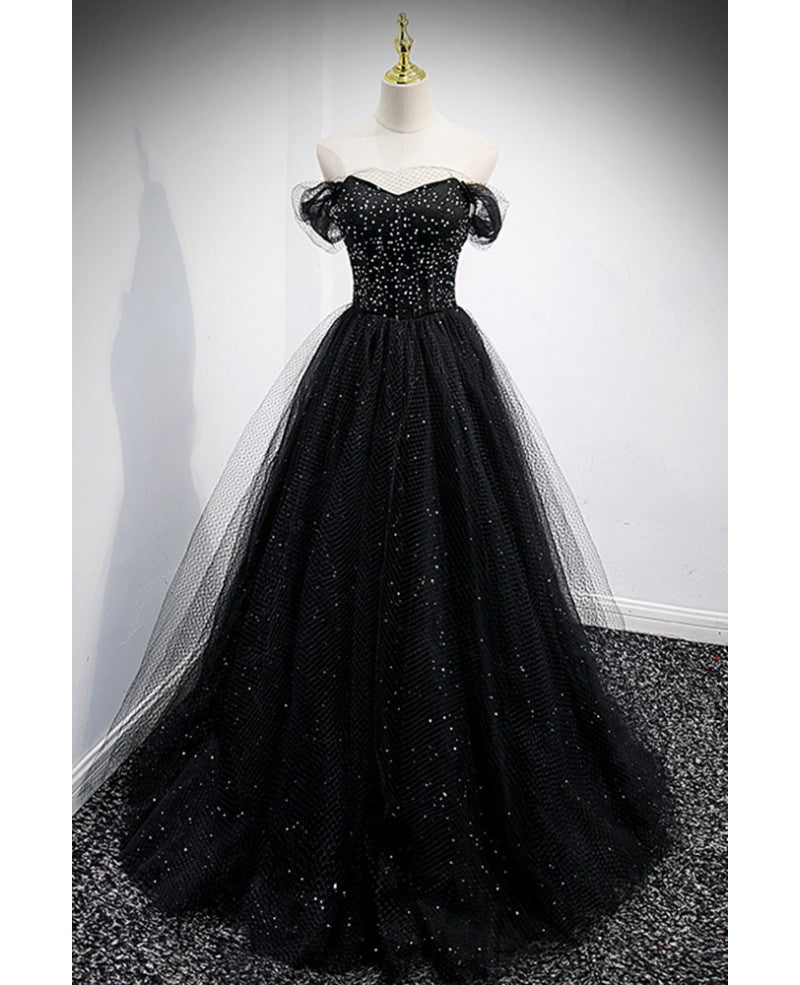 Unique sparkling black off shoulder shoulder strap sheer mesh ball dress with black A-shaped backless strap sheer and floor length evening dress