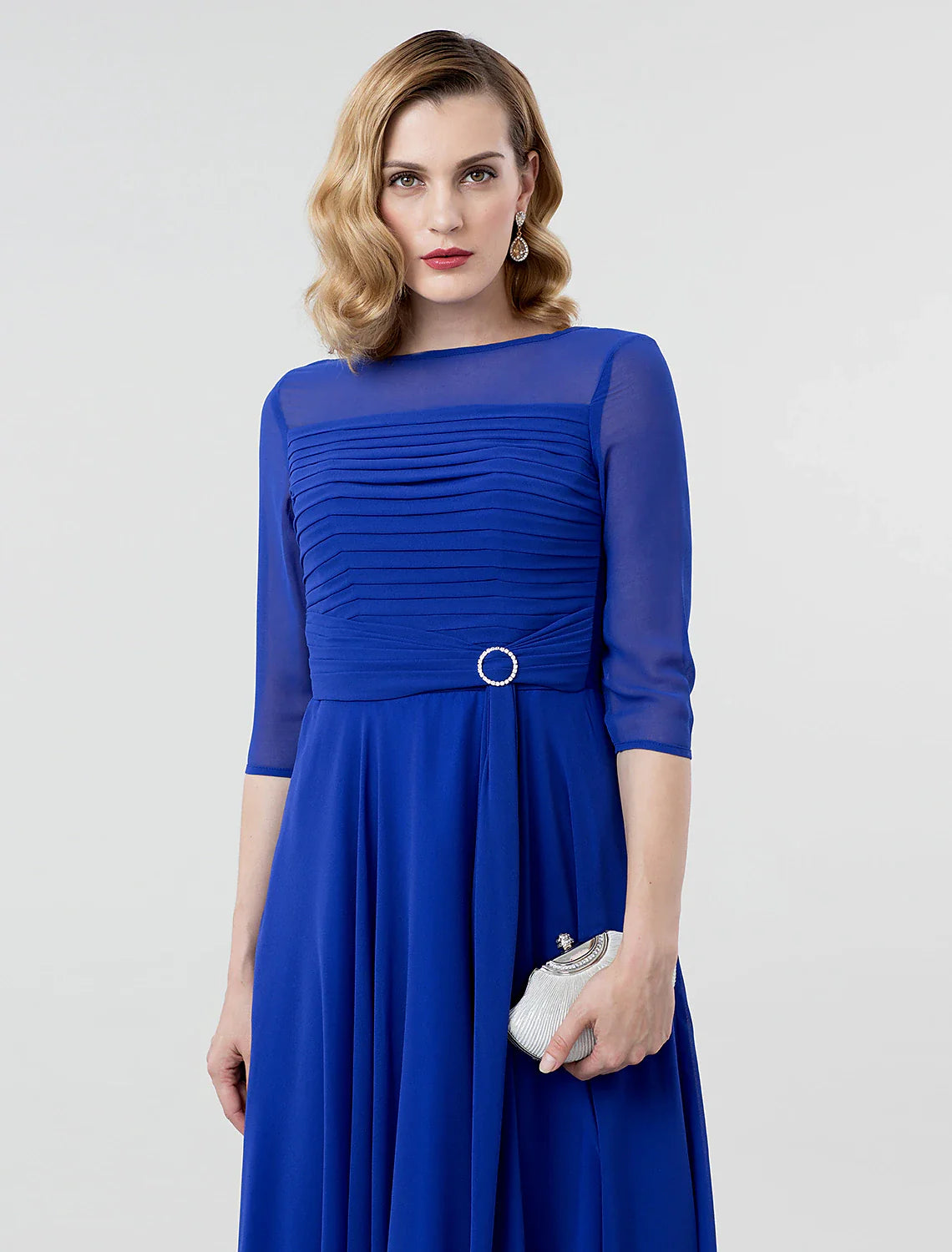 A-Line Elegant Formal Evening Wedding Party Dress Boat Neck 3/4 Length Sleeve Tea Length Georgette with Ruched Crystal Brooch 2024 / Illusion Sleeve