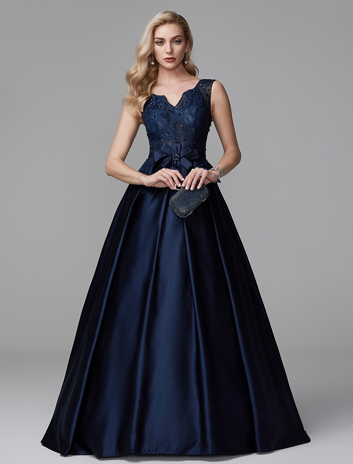 Aimishang Ball Gown Peplum Quinceanera Formal Evening Dress V Neck Sleeveless Floor Length Lace with Bow(s) Beading
