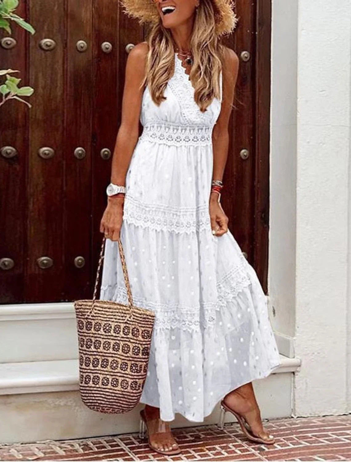 Aimishang Beach Little White Dresses Boho Wedding Dresses A-Line V Neck Sleeveless Ankle Length Chiffon Bridal Gowns With Appliques