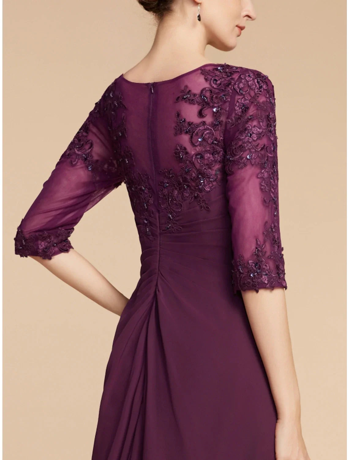 Aimishang  Sheath / Column Mother of the Bride Dress Wedding Guest Elegant Scoop Neck Floor Length Chiffon Lace Half Sleeve with Pleats Sequin