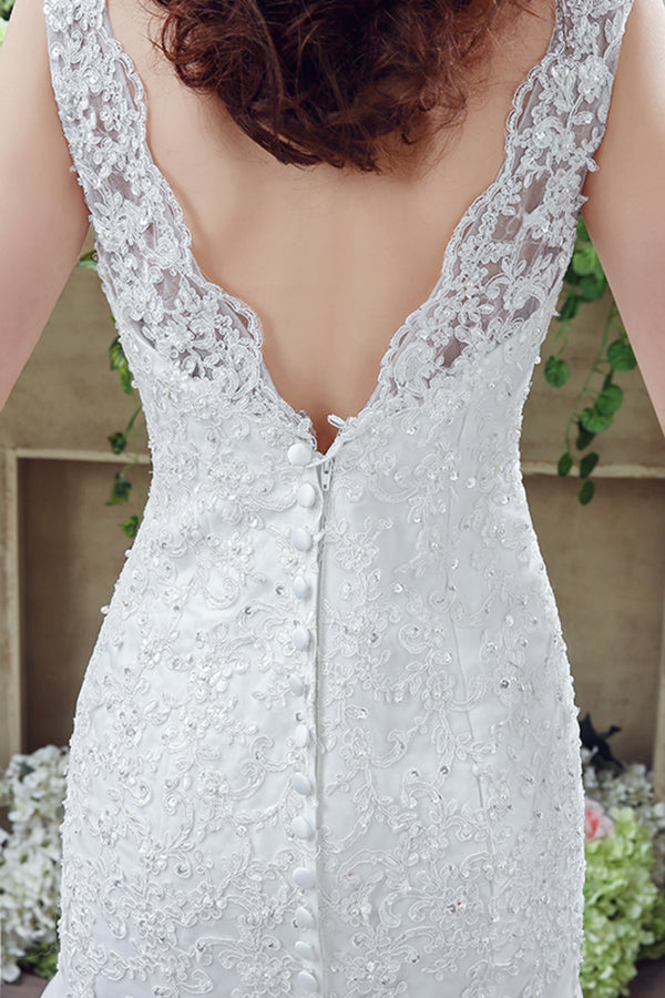 Mermaid V Back Long White Wedding Dress with Appliques