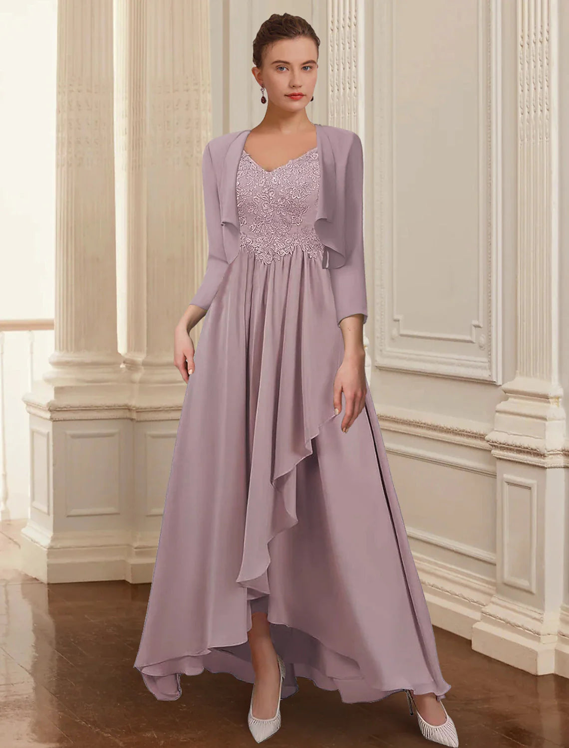 Aimishang Two Piece A-Line Mother of the Bride Dress Formal Wedding Guest Elegant High Low V Neck Asymmetrical Ankle Length Chiffon Lace 3/4 Length Sleeve Jacket Dresses with Appliques