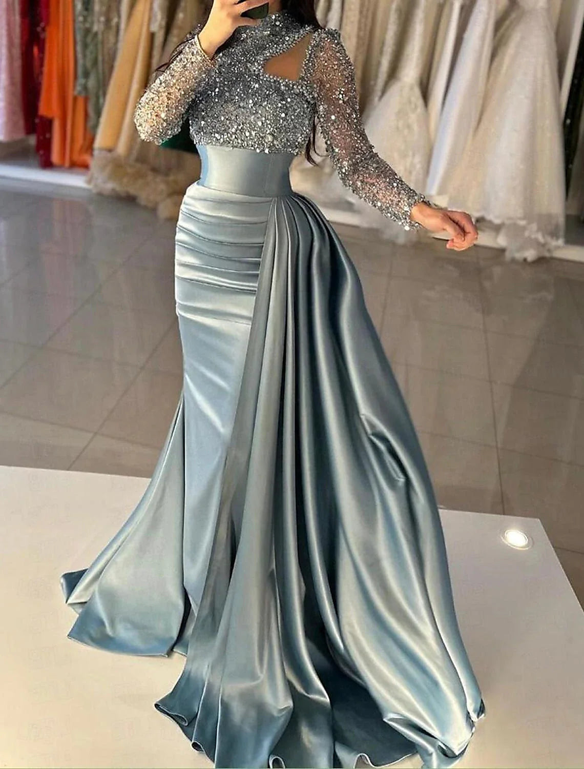 Aimishang Mermaid / Trumpet Evening Gown Elegant Dress Formal Sweep / Brush Train Long Sleeve High Neck Satin with Pearls Sequin