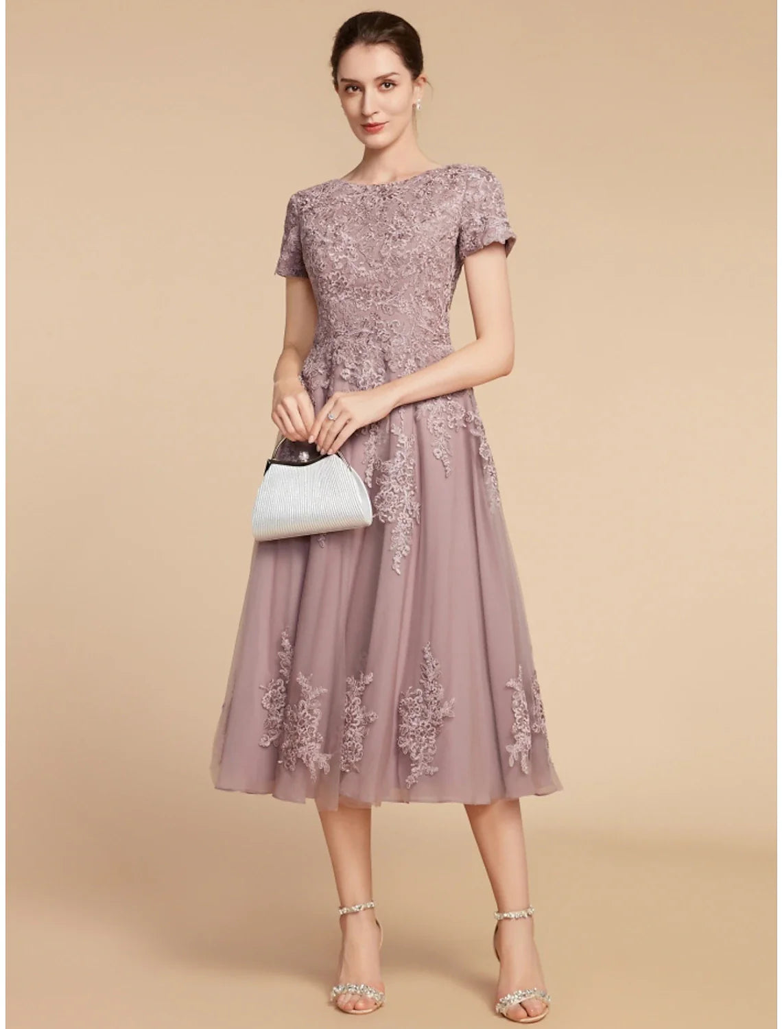 Aimishang  A-Line Mother of the Bride Dress Wedding Guest Elegant Petite Jewel Neck Tea Length Lace Tulle Short Sleeve with Ruching Flower