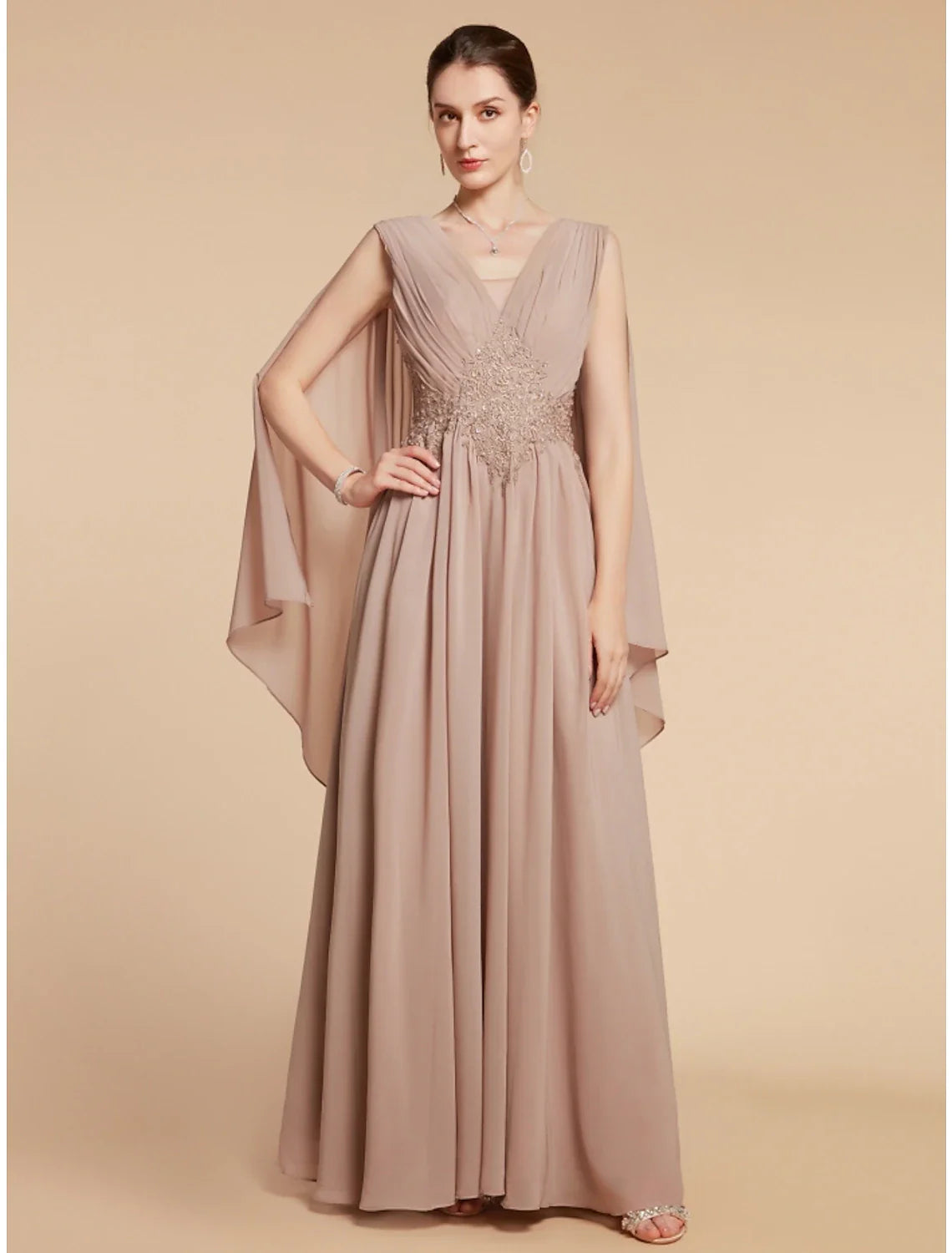 Aimishang  A-Line Mother of the Bride Dress Wedding Guest Elegant V Neck Ankle Length Chiffon Lace Sleeveless with Ruching Solid Color