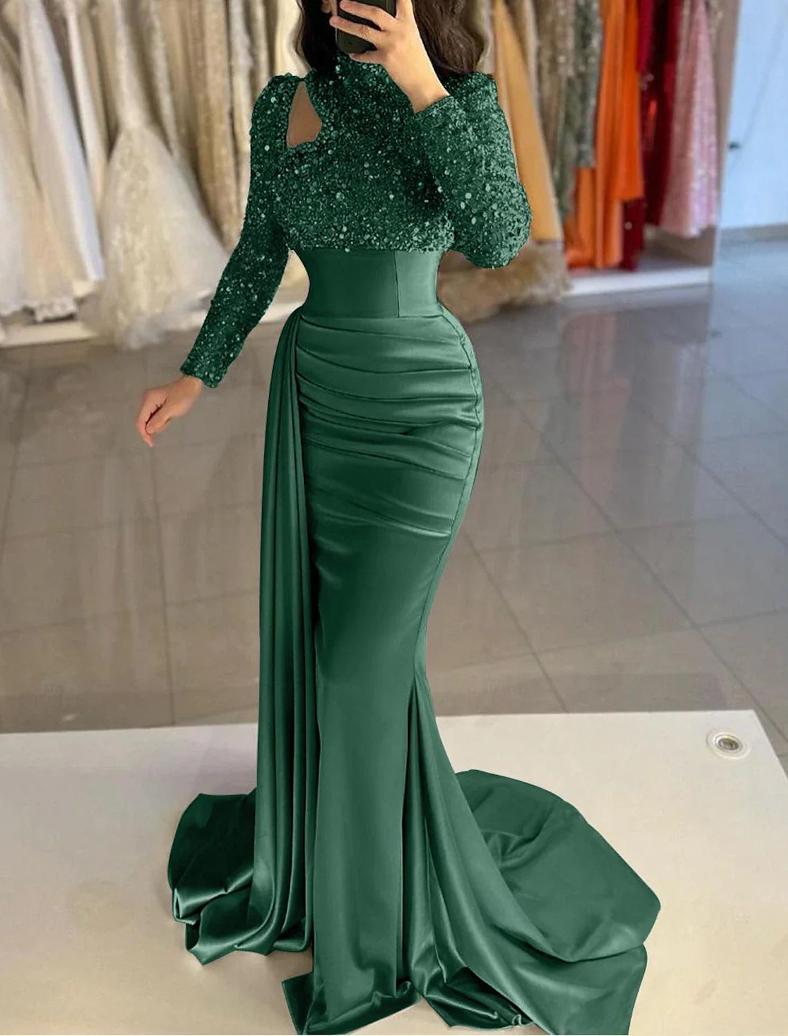 Mermaid / Trumpet Evening Gown Elegant Dress Formal Sweep / Brush Train Long Sleeve High Neck Satin with Pearls Sequin